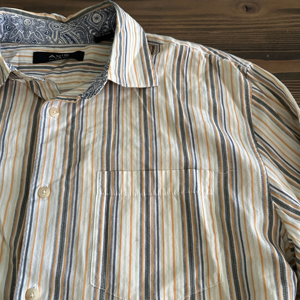 Men’s AXIS LA White Orange Stripe Button Down Shirt M Paisley Trim Modern Casual